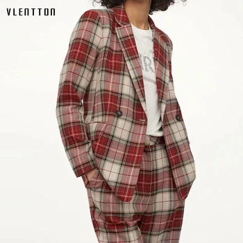 

2020 Spring Autumn Vintage Plaid Jacket Blazer Women Double Breasted Pockets Suit Coat Female Elegant Office Blazers Feminino