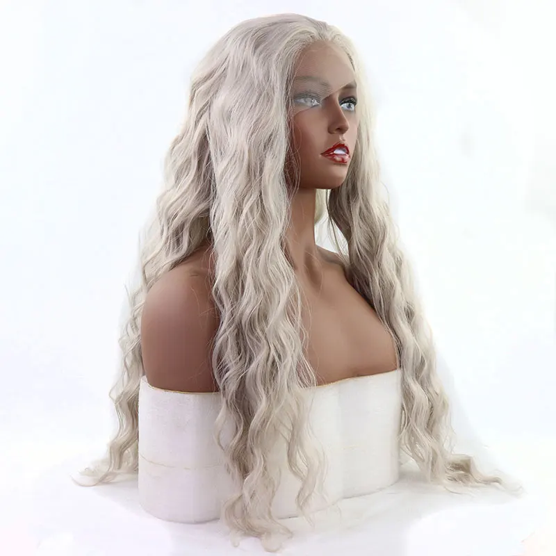 Bombshell Water Wave 13*3 Inch Synthetic Lace Front Wig Platinum Grey Heat Resistant Fiber Natural Hairline For Women Girl Wigs