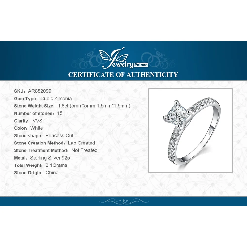 JPalace 1.6ct принцесса срезанное обручальное кольцо 925 пробы серебряные кольца для женское кольцо на юбилей свадебное кольца из серебра 925 пробы, ювелирные изделия