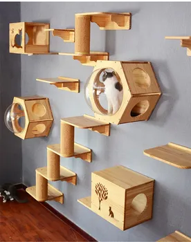 

Wall-mounted Cat climbing Frame Cat Tree House Kitten Jumping Platform Solid Wood Hexagon Space Capsule Sisal column