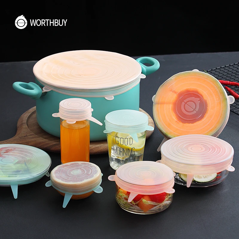 WORTHBUY 6 Pcs/ Set Universal Food Silicone Cover Reusable Silicone Stretch Lids Caps For Cookware Pot Cover Kitchen Accessories
