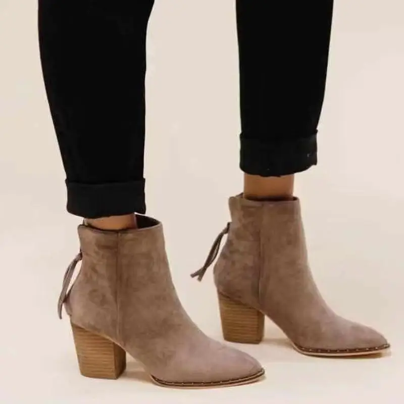 

Ankle Boots for Women Autumn Sexy Shoes Gladiator Chunky Mid High Heels Short Booties Pointed Toe Rome Flock Zapatos De Mujer