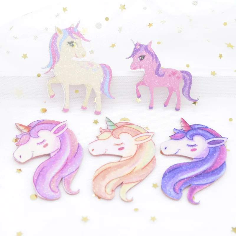 

5Pcs/lot Glitter Print Fabric Appliques Unicorn Horse for DIY Crafts Cake Topper Headwear Hair Clips Supplies Decor Patches H55