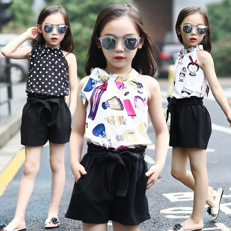 Children's Clothing Set Summer Girl Chiffon Sleeveless Top+ Bow Shorts Suit Clothes for Kids Girls 5 6 8 10 11 12 14 Years Old