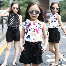 Children's Clothing Set Summer Girl Chiffon Sleeveless Top+ Bow Shorts Suit Clothes for Kids Girls 5 6 8 10 11 12 14 Years Old