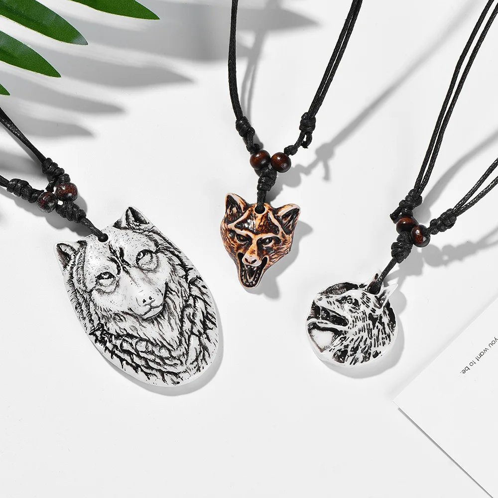 

Fashion Retro Wolf Head Tooth Carving Pendent Necklace Personality Rope Chain For Men Cool Punk Jewelry Adjustable Dropshipping