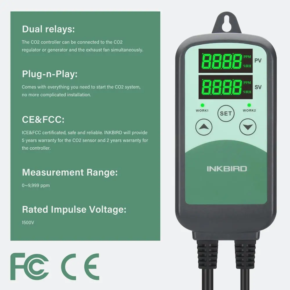 Rilevatore Di CO2 Portatile INKBIRDPLUS – Sensore NDIR, Allarme Acustico E Visivo, Batteria 72h, Display LCD Colori