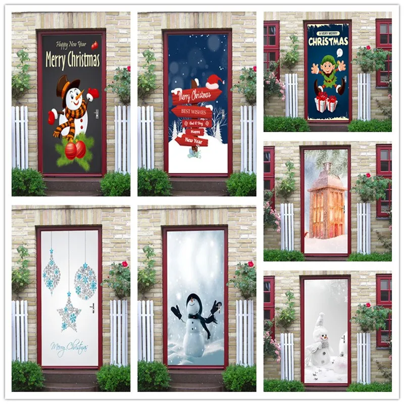 

2020 Beautiful Snowman Pattern Christmas Wallpaper On Door For Kids Room Xmas Home Decor Door Sticker New Year Renovation Poster