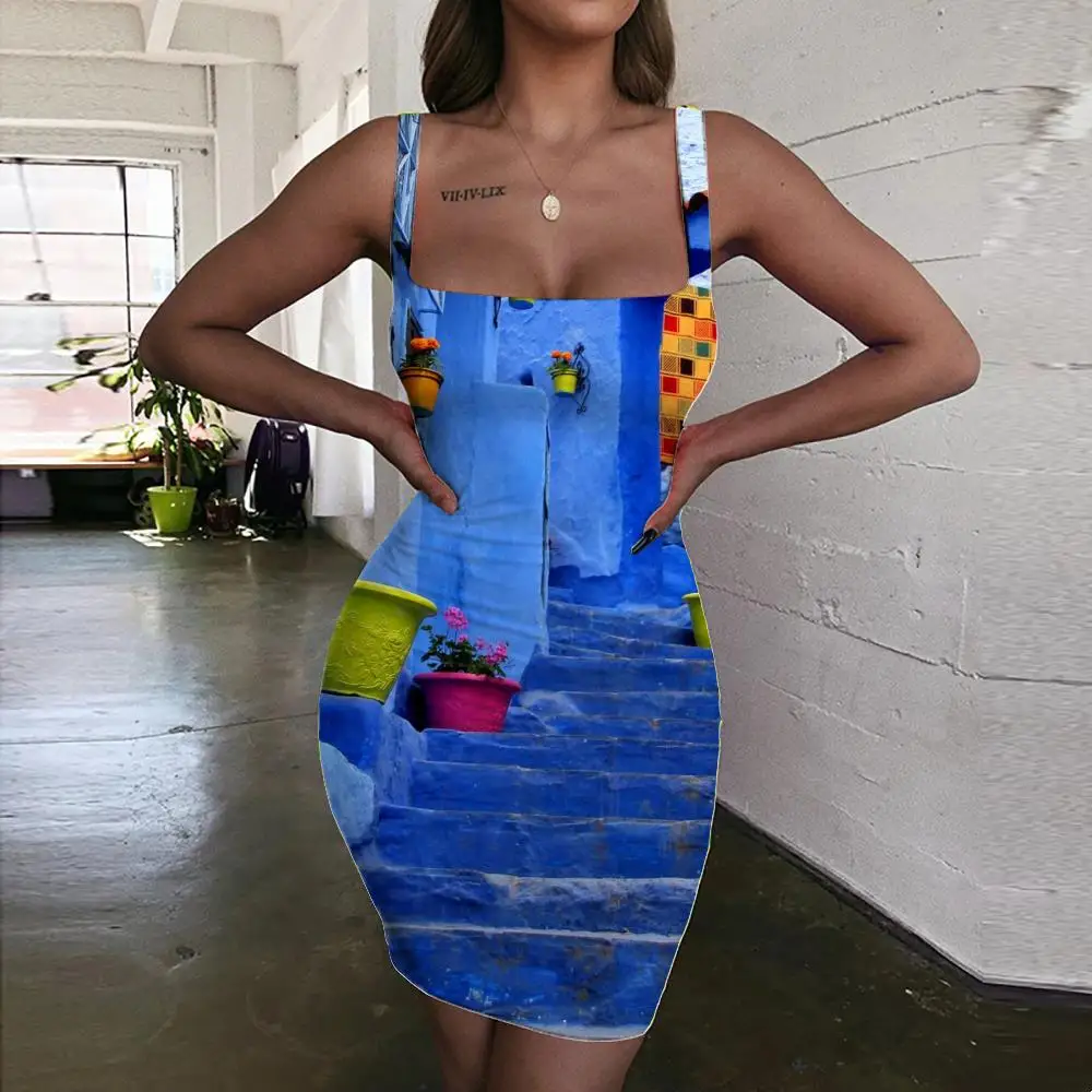 

KYKU Brand Landscape Dress Women Flowers Vestido Sexy Art Ladies Dresses Street Bodycon Dress Womens Clothing Club Vintage