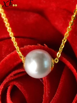 

XF800 18K Yellow Gold Necklace Pendant 7-8mm Natural SeaPearl Fine Jewelry Wedding Party For Women D338