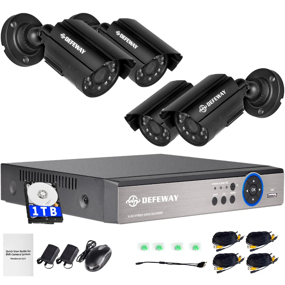 DEFEWAY 1080N DVR 1200TVL 720P HD Outdoor Security Camera System 1TB Hard Drive 4CH DVR CCTV Surveillance Kit AHD Camera Set