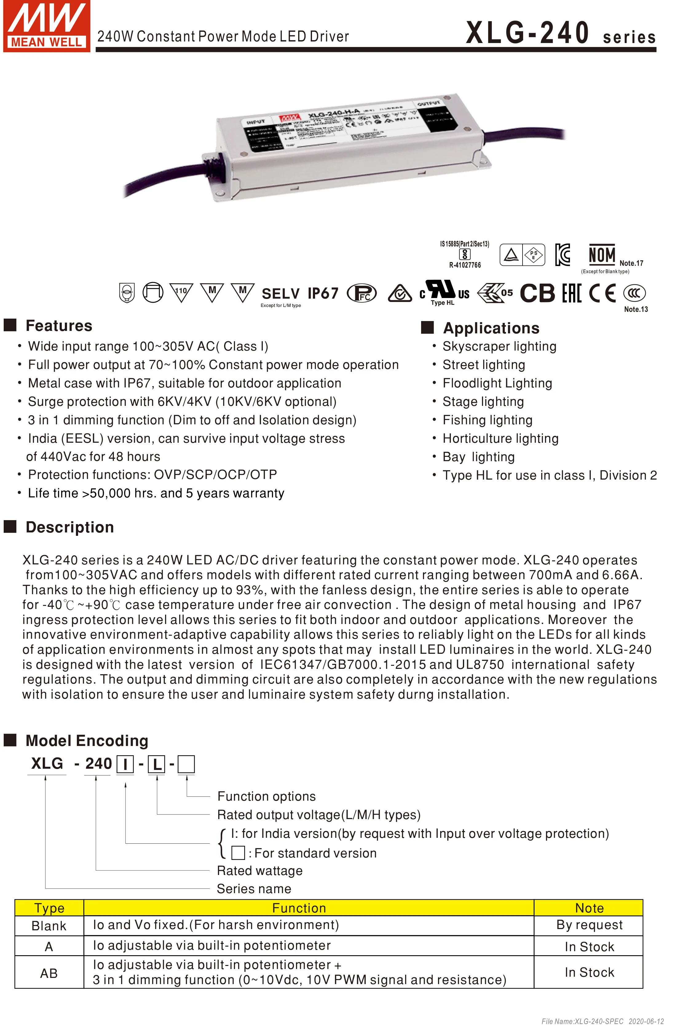Constante da Água Well-fonte de Alimentação de 240w Taiwan Mean Potência Ajustável Driver Pfc 750ma 1400ma 4900ma 8 Transformadores de iluminação