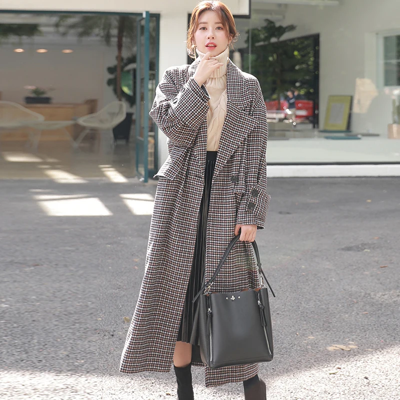Plaid woolen coat double-breasted long autumn/winter women's jacket houndstooth falling shoulder long retro casual street coat