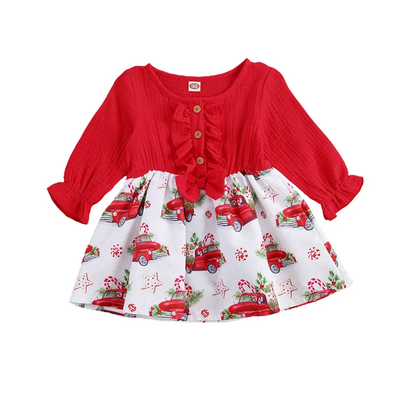 

Baby Girl Long Sleeve Dress, Bow Decoration Elastic Cuffs Red Cartoon Car Print Spring Clothing