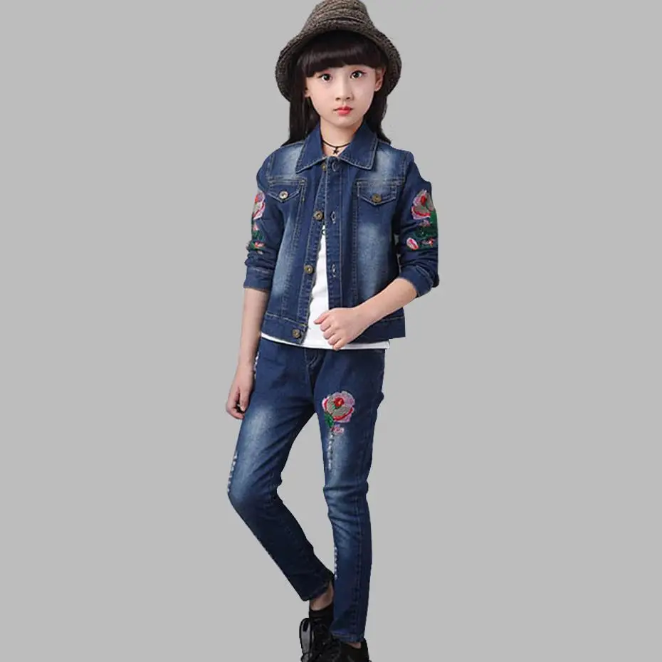 

Girls Clothes Hole Jeans + Jacket 2 Pcs Clothes For Girls Flower Embroidery Suit For Girls Autumn Novelty Kids Suits For Girls