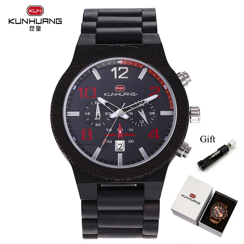 Black(with box) Деревянные часы мужские Хронограф Спортивные мужские военные кварцевые деревянные часы светящиеся календарь Мужские наручные часы Relogio Masculino - Цвет: Black(with box)
