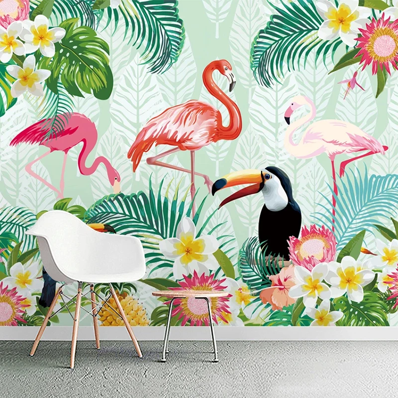 

Custom Photo Mural Tropical Plant Green Leaf Parrot Flamingo Background Wall Papers Home Decor Living Room Bedroom 3D Fresco