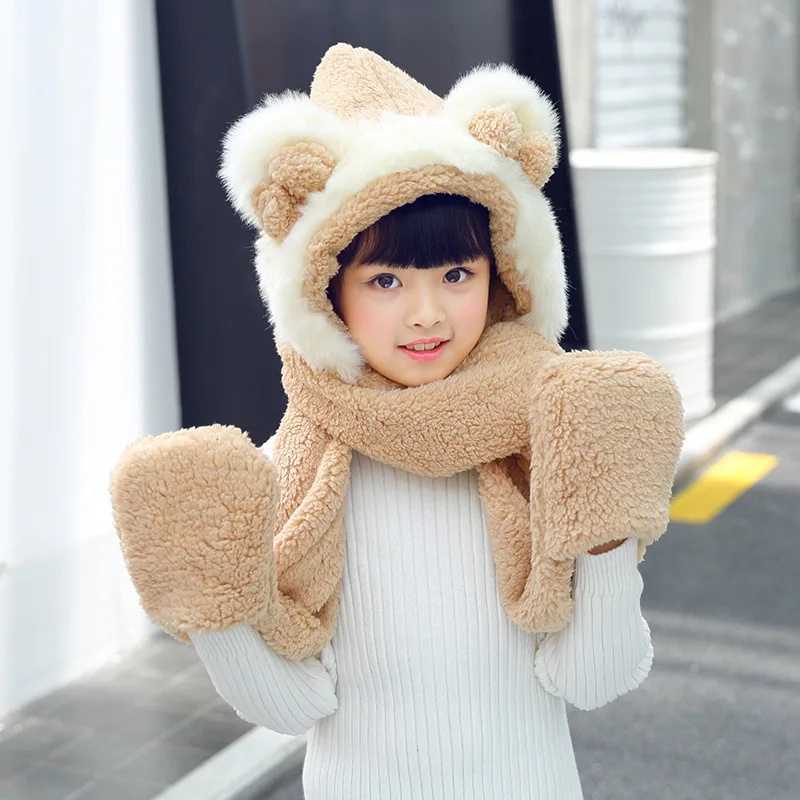 Beige Kids 3 в 1 женский зимний шарф-капюшон снуд карманные шапки перчатки Модные с капюшоном Srarves шарф, шапка, варежки мягкий плюшевый плотный милый теплый комплект - Цвет: Beige Kids