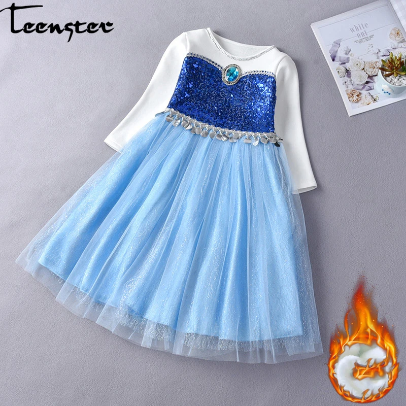 Teenster; Зимние Детские платья из флиса для девочек; вечерние платья «Эльза»; одежда с блестками; костюм на Рождество и год; наряды для девочек