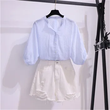 

CBAFU casual summer 2 piece set women white wide legs hole denim shorts set lantern sleeve loose striped blouse blue tops F372