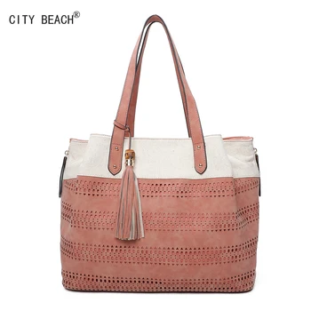 

CITY BEACH Fashion hollow shoulder bag canvas stitching bag large capacity multi-layer mummy bag portable diagonal female bag