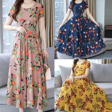 Летнее женское длинное платье с цветочным принтом Модное изящное с круглым вырезом с коротким рукавом пляжный принт женское элегантное платье макси размер 3Xl