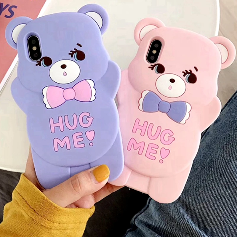 Per Iphone 11 12 13 Pro Max Xr Xs Custodia 3D Cartoon Purple Pink Bear Cover Morbida In Silicone Per Iphone 8 7 Plus 6 6S 5 5S Se2020