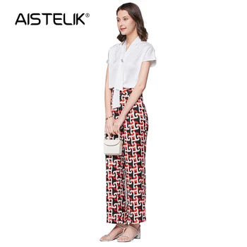 

AISTELIK fashion suit 2020 new women's two-piece temperament professional white shirt retro printing high waist wide leg pants