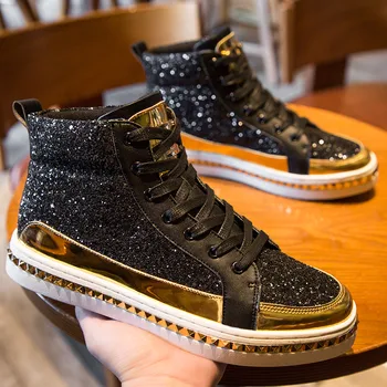 

Brand Fashion Black Embroidery High top Sneakers Men Casual Glitter Shoes Retro Euro Mirrors Footwear High Embroidered Shoes Men