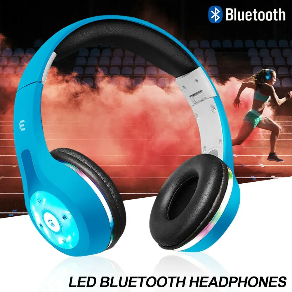 Foldable LED Lights Over the Head Bluetooth Wireless Headphones Headsets Blue