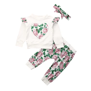 

Floral Sweatshirts Autumn Outfits 3Pcs Newborn Baby Girl Floral Clothes Ruffle Top T-shirt Pants Outfit Autumn