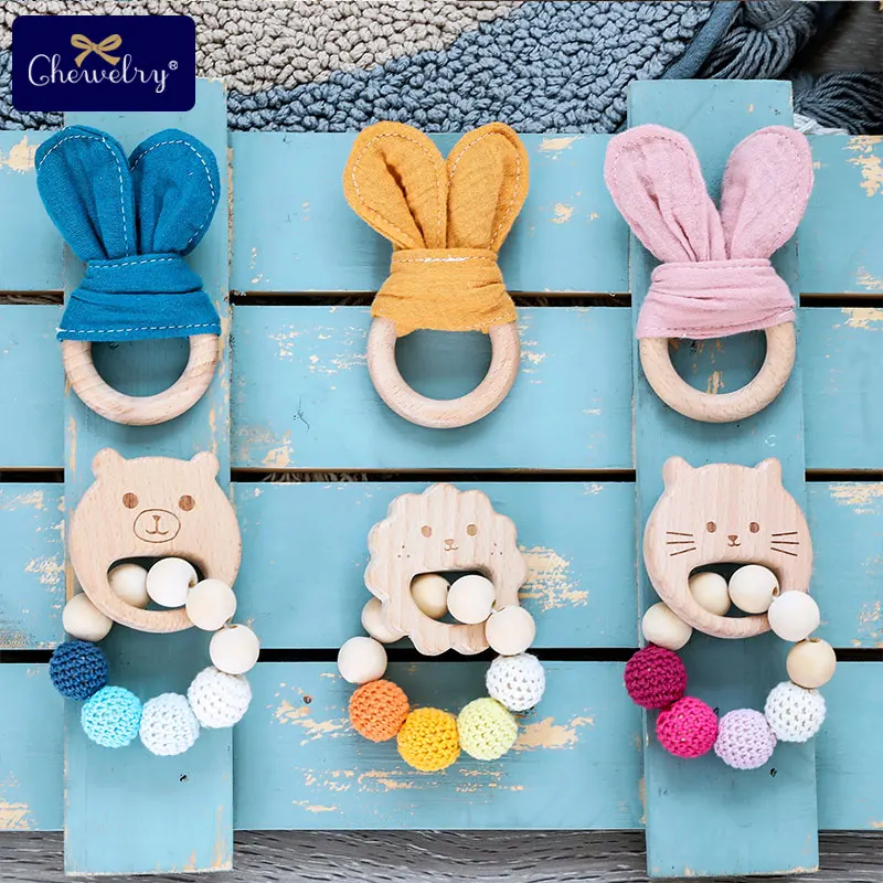 1Set Baby Toys Wooden Teether Bracelet Crochet Beads Hand Teething Rattles Bunny Ear Play Gym Stroller Children's Products | Мать и