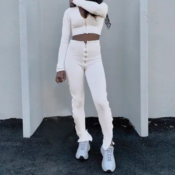 

2020 Autumn Winter Women V Neck Sporty Casual Bodycon Suits Ruched Zipper Long Sleeve Two Piece Sets Top and Pants Clothes