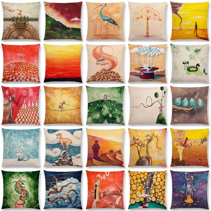 

Linen Oil Painting Fable Story Sofa Throw Pillow Case Magical Imagination World Cushion Cover Home Decor Sofa Throw 45x45cm