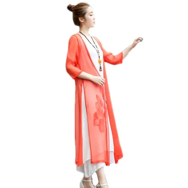 Оранжевый Boho/ женское летнее платье, офисное винтажное кимоно в украинском стиле с принтом чернил, Пляжное хлопковое льняное платье из двух частей - Цвет: Оранжевый