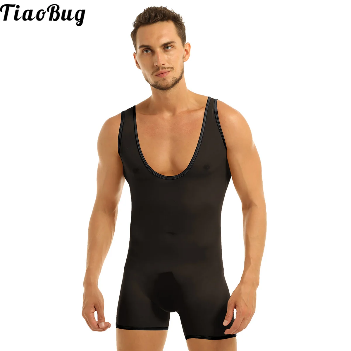 

TiaoBug Summer Men One-Piece Swimming Jumpsuits Stretch Mesh See Through Sheer Lingerie Sleeveless Scoop Neck Jockstrap Bodysuit