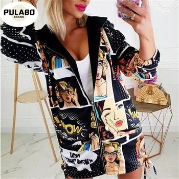 

Hot Women's Autumn Vintage Printes Zipper Jacket Loose Vintage Long Coat Jacket Sexy Female Long Sleeve Tops Outwear Overcoat