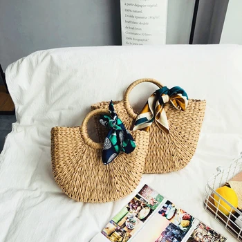 

Rattan Woven Bag Women Scarves Moon Handbags Rattan Woven Females Tote Bags Hand-woven Straw Bag Summer Holiday Travel Beach Bag
