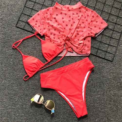 3PCS Breathable mesh Swimwear Women push up Bikini set Maio Biquini Monokini Swimsuit Maillot femme Badpak Mujer Trikini Stroje - Цвет: red