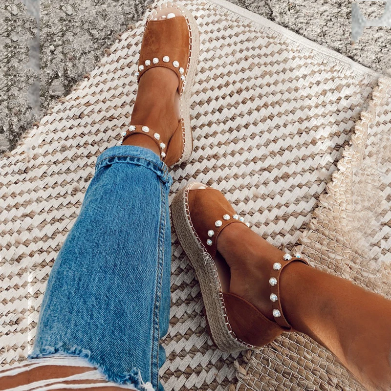 

2020 Summer Women Sweet Pearl Platform Wedges Sandals Comfort Fish Mouth Weave Causal High Heels Open Toe Chaussures