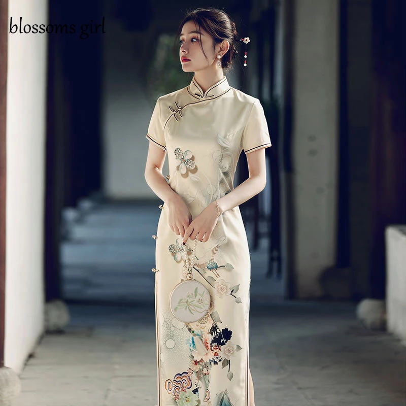 

Chinese Qipao Cheongsam Elegant Print Retro Traditional Dress Oriental Qipao Summer Party Midi Dress Women Cheongsam