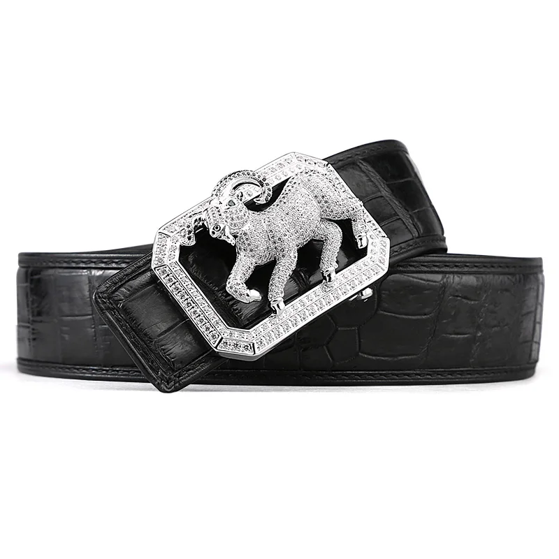 McParko Crocodile Belt Mens Leather Belts With Buckle Luxury Animal Design Genuine Leather Waist Belt with rhinestones Buckle - Цвет: goat black