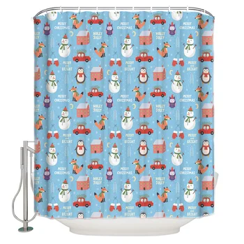 

Shower Curtain Waterproof Polyester With 12 Hooks Christmas Snowman Car Blue