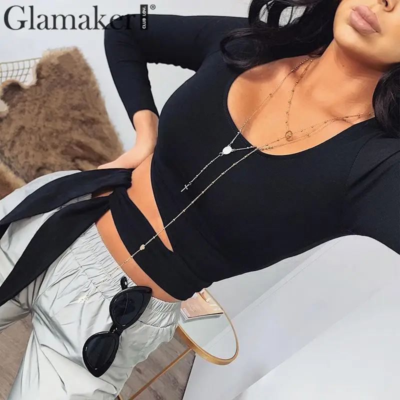 Glamaker открытая черная блузка с бантом рубашка для женщин длинный рукав весенние