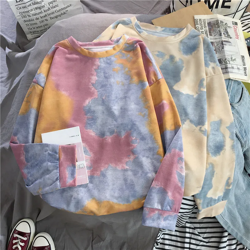 Shellsuning Tie Dye Нижняя футболка весна Harajuku уличная свободная одежда футболка с длинным рукавом Женский мягкий пуловер с круглым вырезом топы