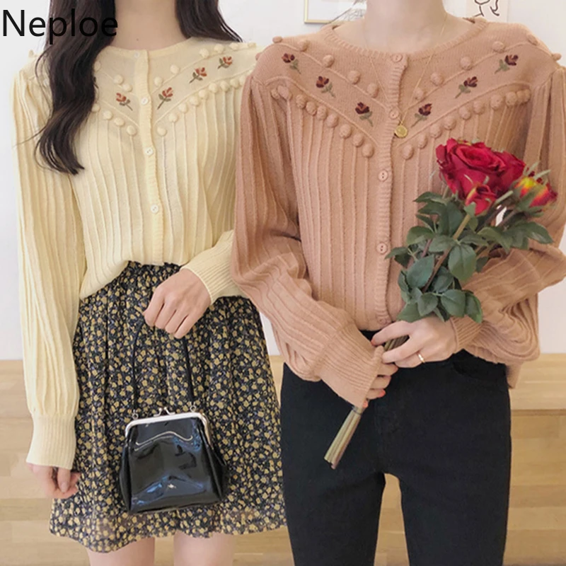 

Neploe 2019 Autumn Floral Embroidery Balls Knitted Cardigan Women Single Breasted Sweater Korean Sueter Mujer Invierno 54212