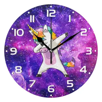 

Cartoon Unicorn with Galaxy Star Round Wall Clock Silent Non Ticking Oil Painting Desk Clock Living Room Decor Art Wall Watch