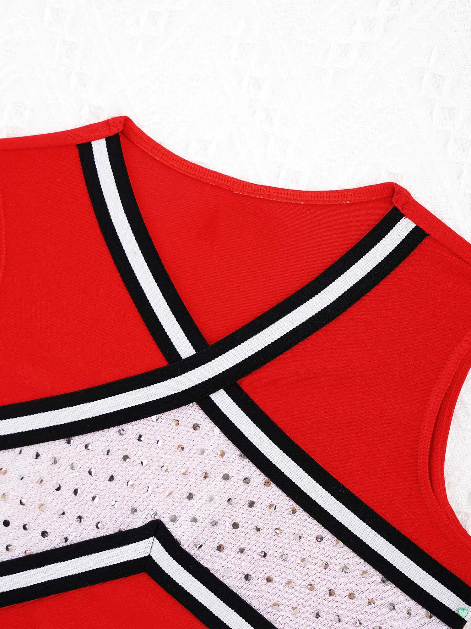 Kids Girls Cheerleading Dance Outfit Sleeveless Crisscross Striped Front V Neckline Top Elastic Waistband Skirt