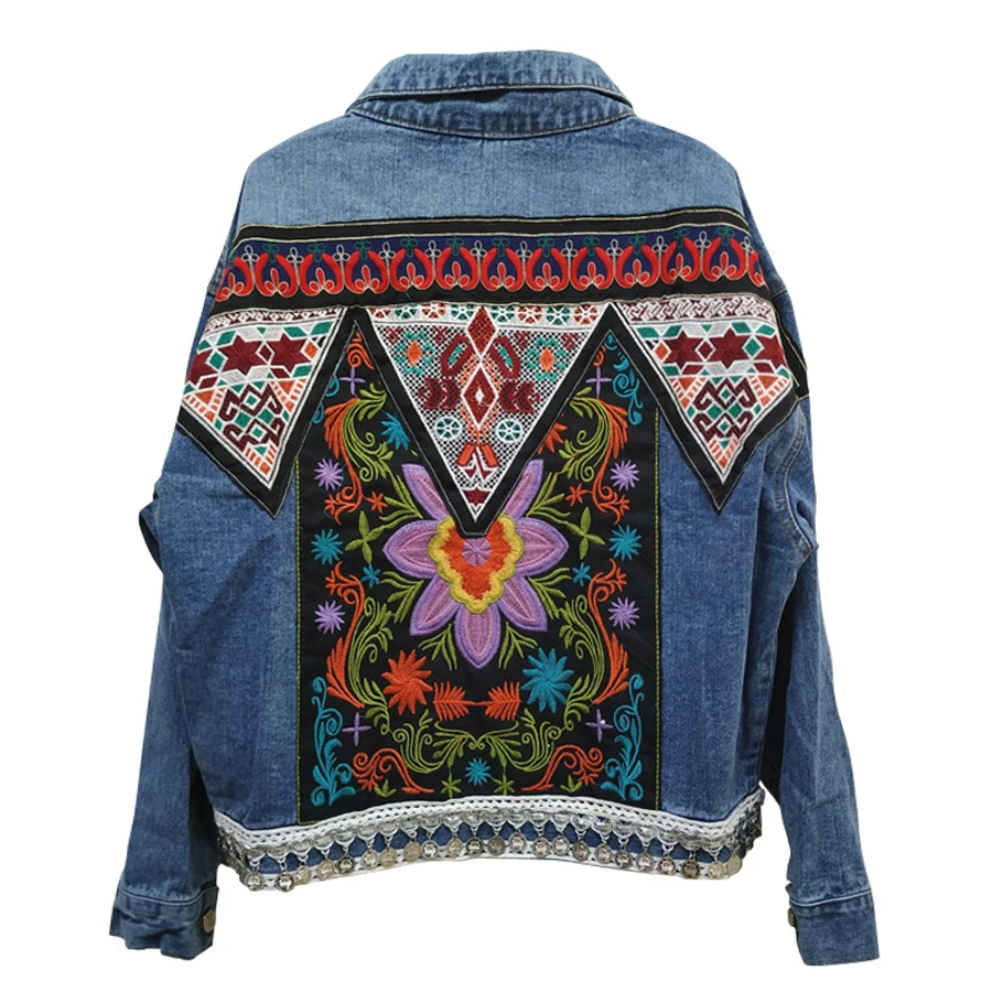 Boho джинсовая куртка для женщин, осенняя Цветочная аппликация, вышивка, винтажное пальто, верхняя одежда с длинным рукавом, Женская куртка, пальто B025 - Цвет: blue