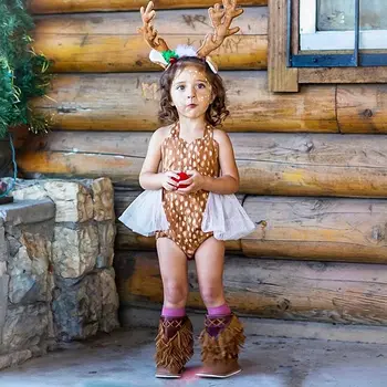 

Infant Baby Girl Xmas Deer Lace Outfits Romper Overall Dress Jumpsuit Headwear Christmas Outfits Costume 2PCS Clothes 0-18M